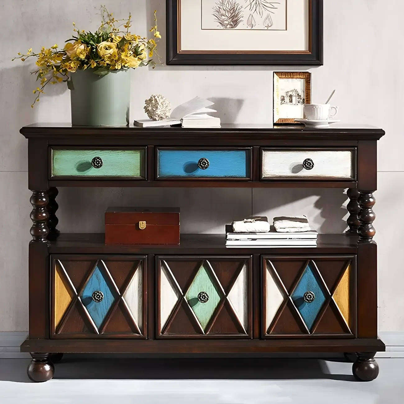 Vintage Geometric Wooden Sideboard with Storage Drawers Image - 16