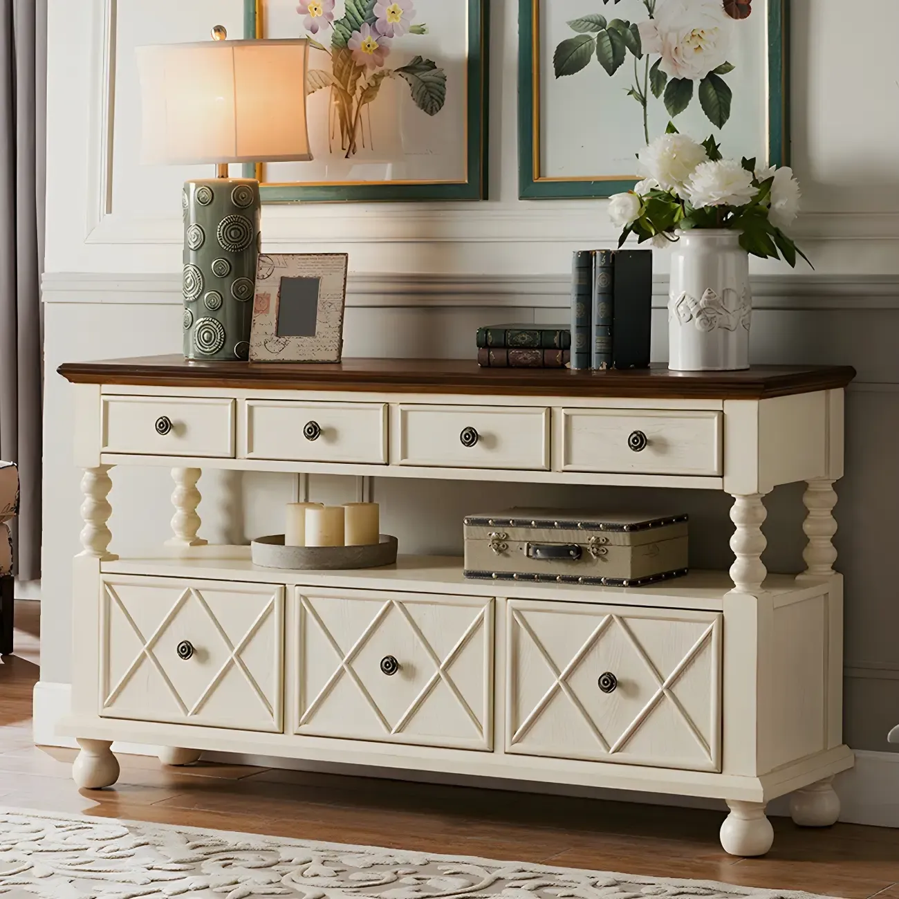 Vintage Geometric Wooden Sideboard with Storage Drawers Image - 17
