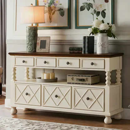 Vintage Geometric Wooden Sideboard with Storage Drawers Image - 17