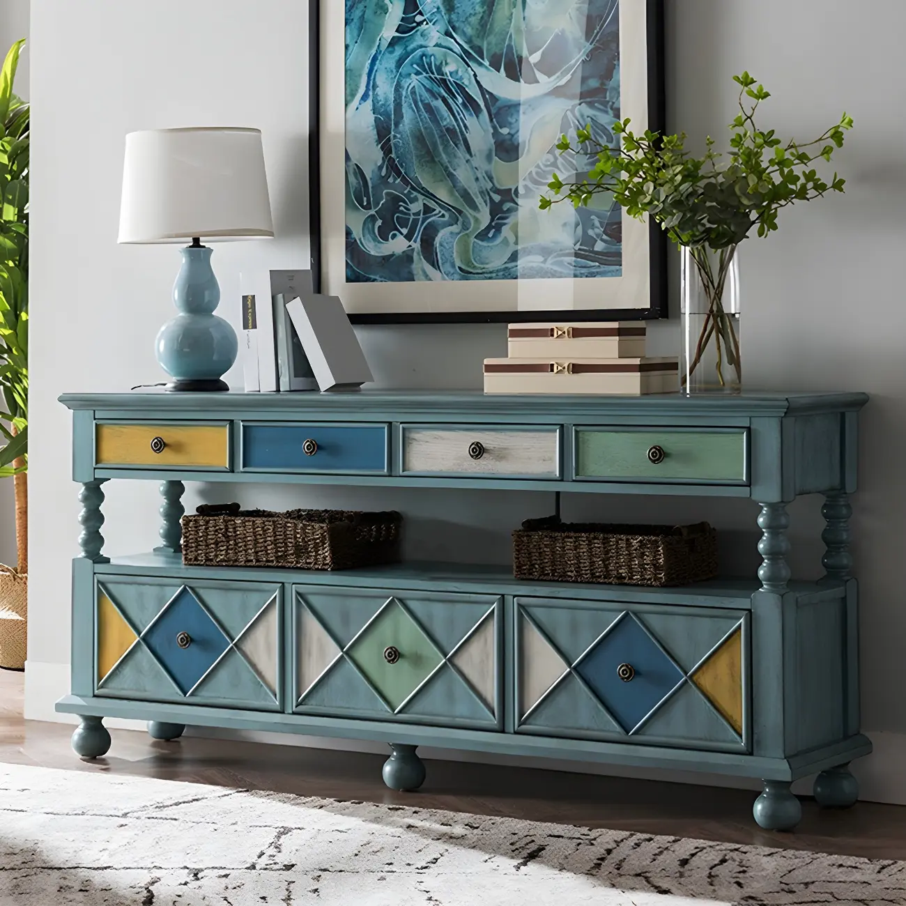 Vintage Geometric Wooden Sideboard with Storage Drawers Image - 18 | homeyfad