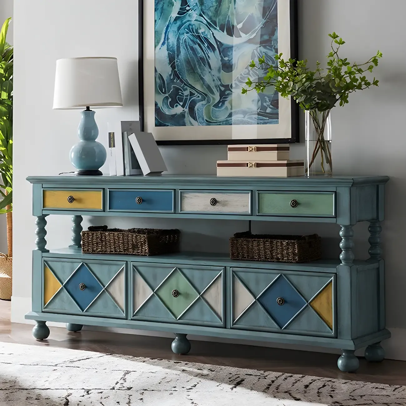 Vintage Geometric Wooden Sideboard with Storage Drawers Image - 18