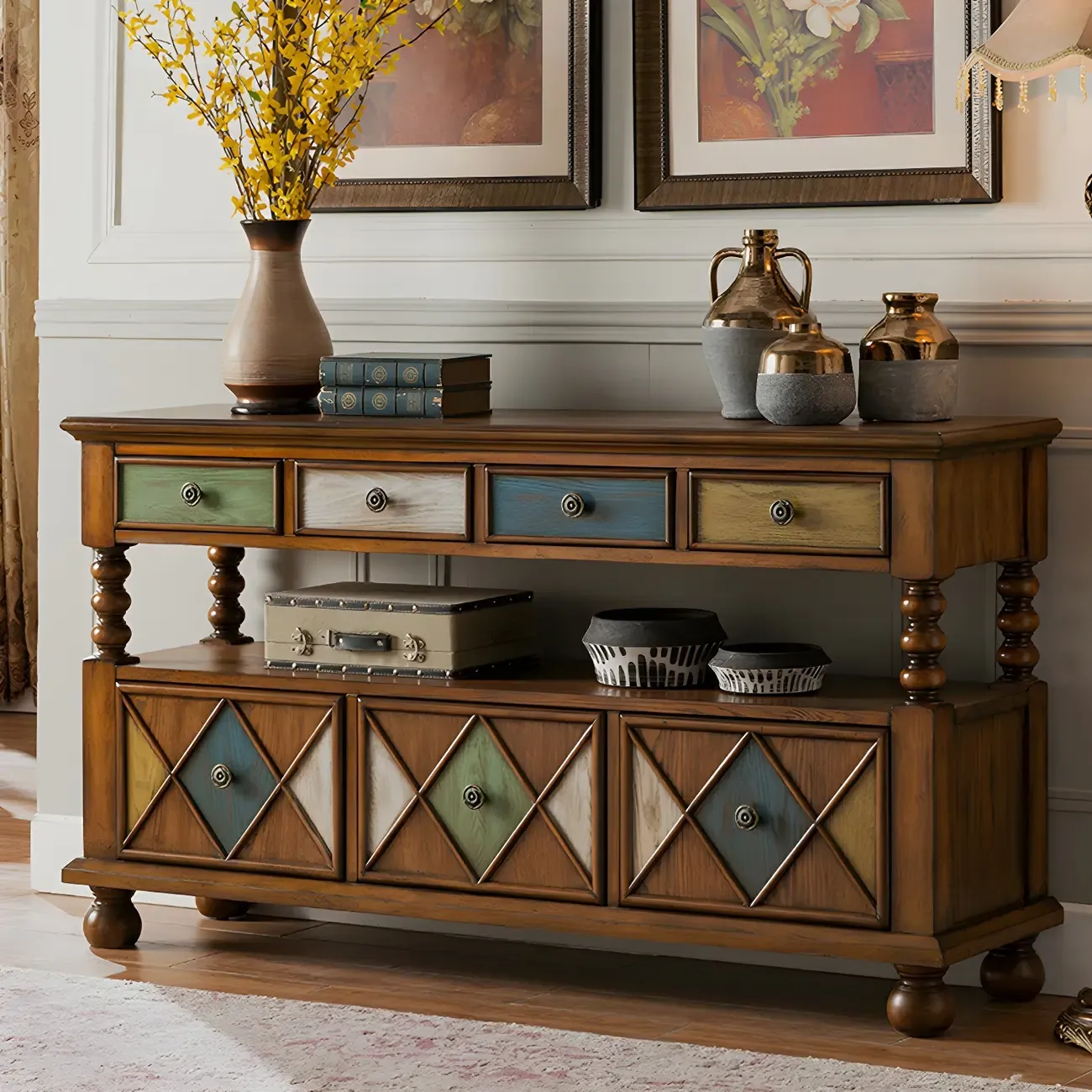 Vintage Geometric Wooden Sideboard with Storage Drawers Image - 19