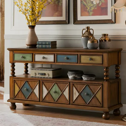 Vintage Geometric Wooden Sideboard with Storage Drawers Image - 19