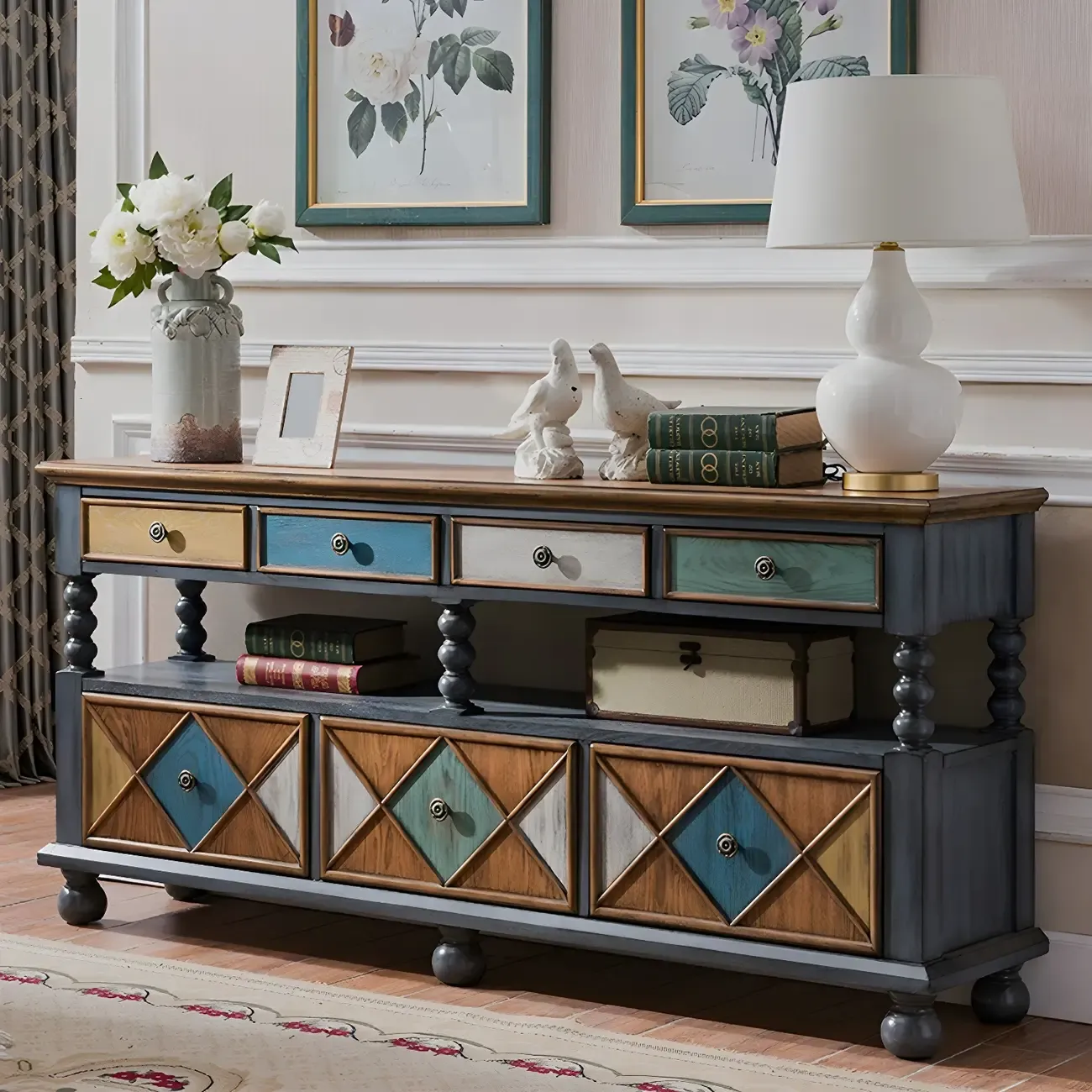 Vintage Geometric Wooden Sideboard with Storage Drawers Image - 20