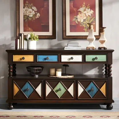 Vintage Geometric Wooden Sideboard with Storage Drawers Image - 21