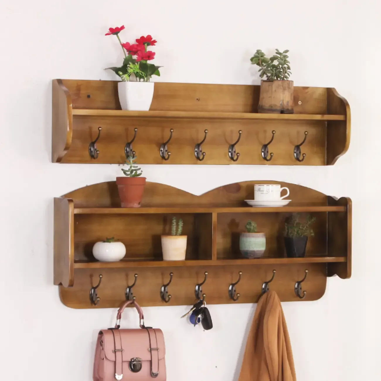 Practical Wooden Wall-Mounted Coat Rack with Hooks & Shelves Image - 1