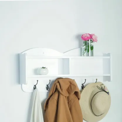 Practical Wooden Wall-Mounted Coat Rack with Hooks & Shelves Image - 2
