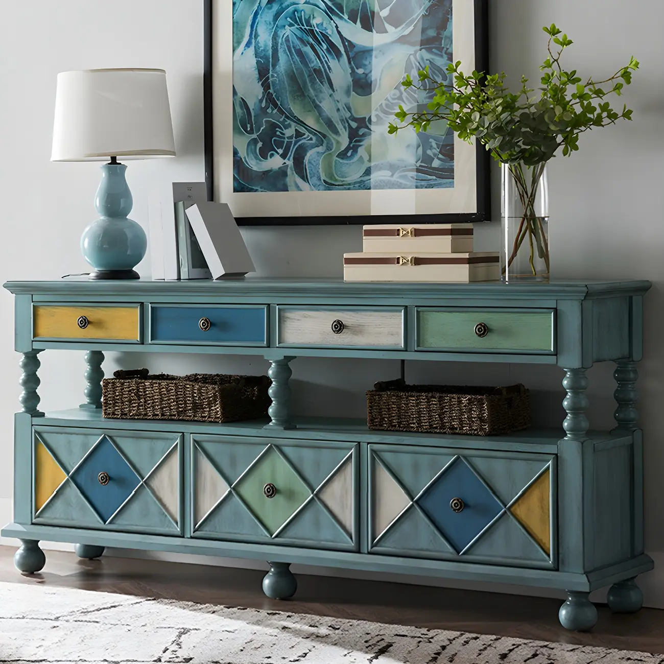 Vintage Geometric Wooden Sideboard with Storage Drawers Image - 24 | homeyfad