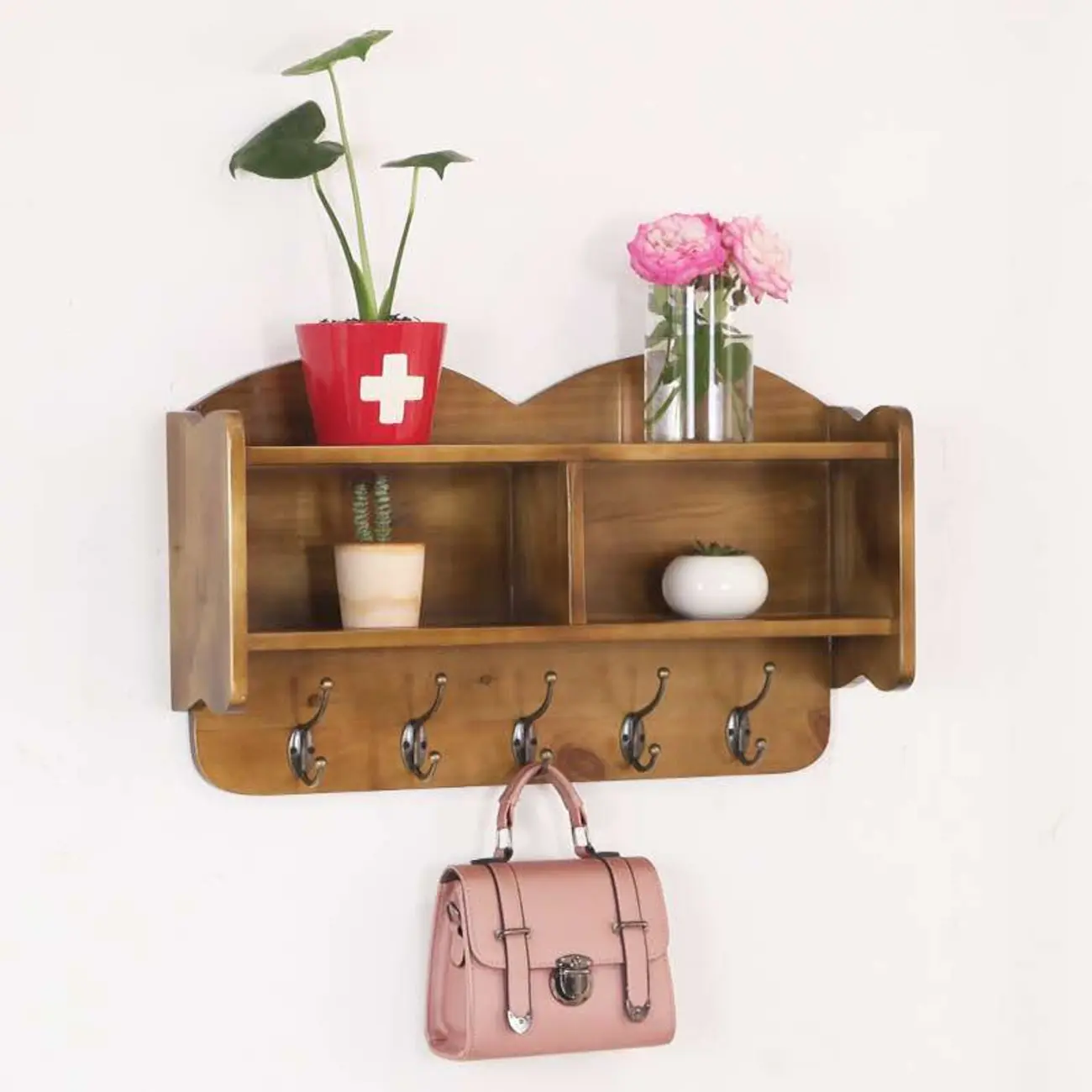 Practical Wooden Wall-Mounted Coat Rack with Hooks & Shelves Image - 3 | homeyfad