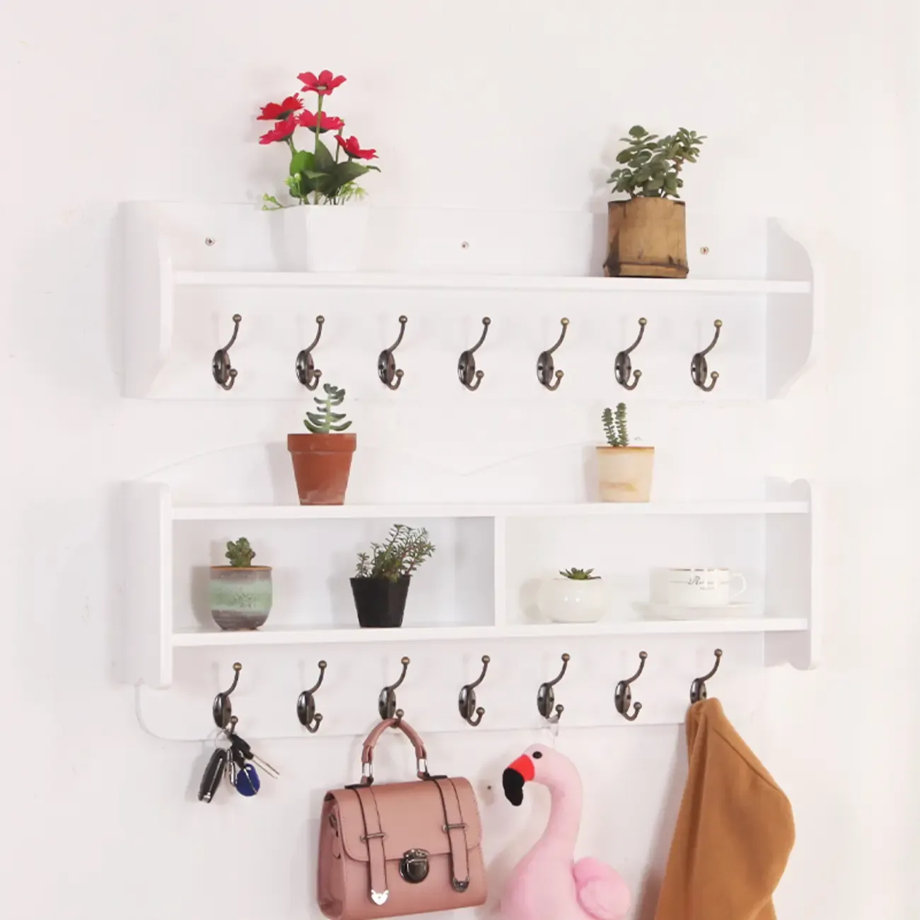 Practical Wooden Wall-Mounted Coat Rack with Hooks & Shelves Image - 4