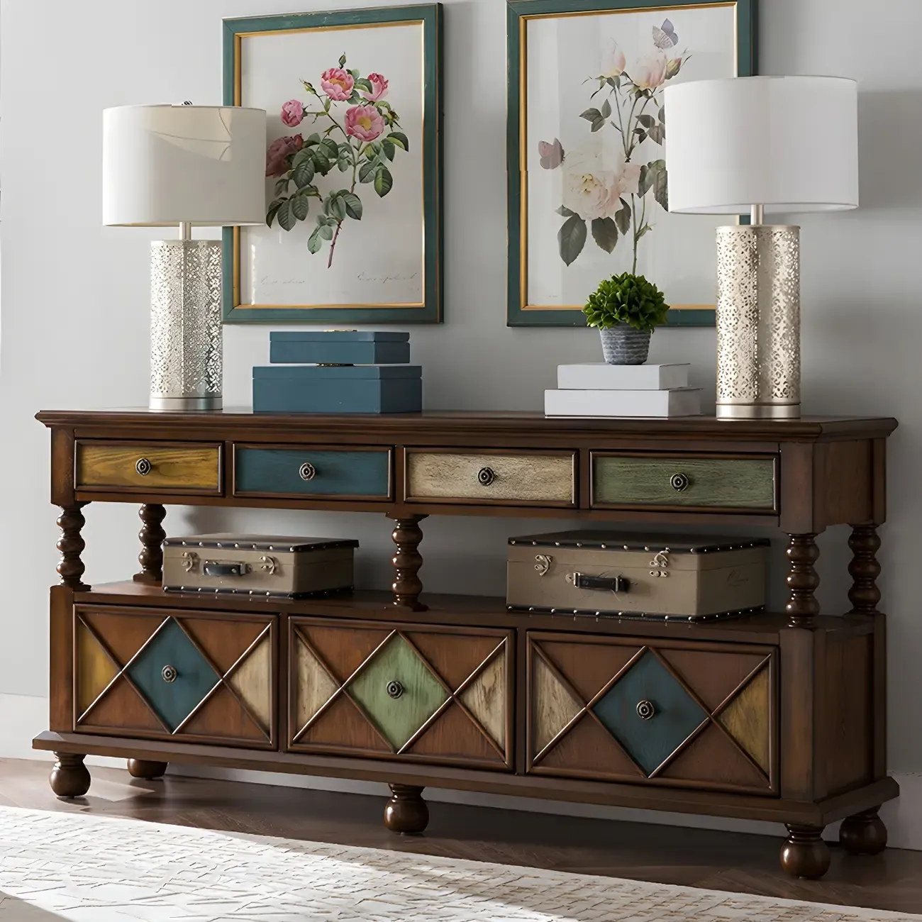 Vintage Geometric Wooden Sideboard with Storage Drawers Image - 25