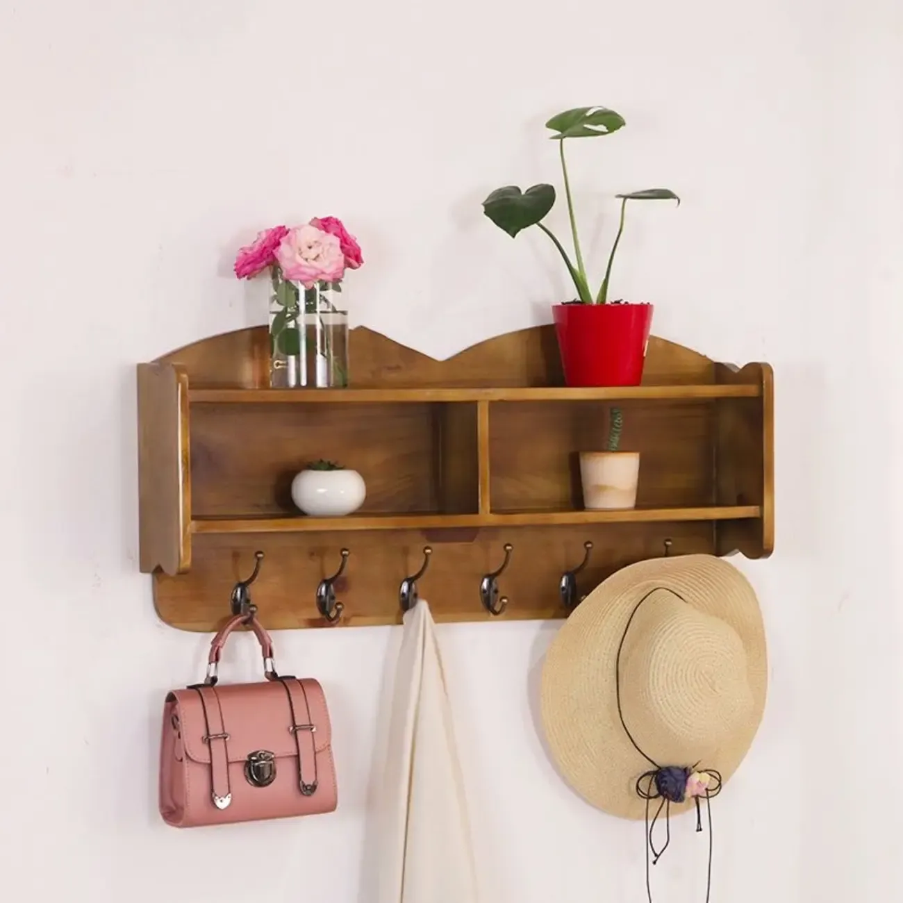 Practical Wooden Wall-Mounted Coat Rack with Hooks & Shelves Image - 5