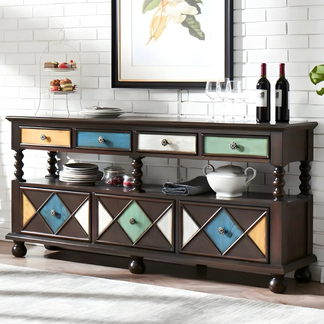 Vintage Geometric Wooden Sideboard with Storage Drawers Image - 26 | homeyfad