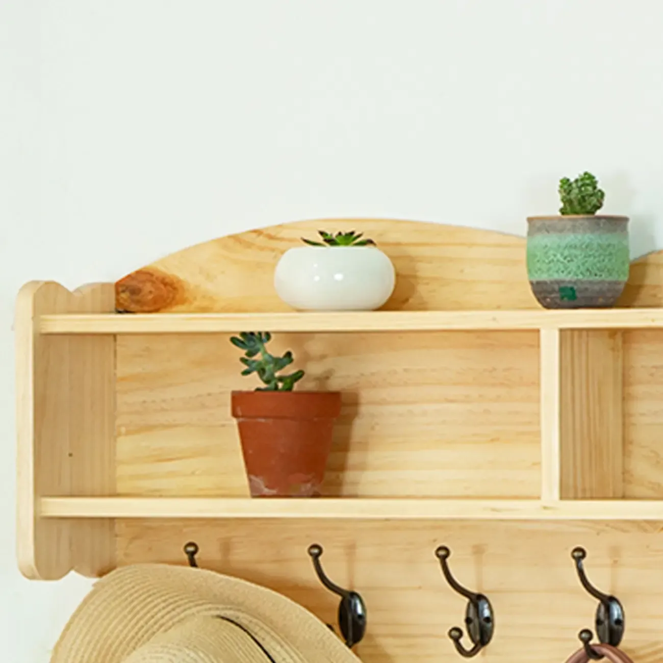 Practical Wooden Wall-Mounted Coat Rack with Hooks & Shelves Image - 7