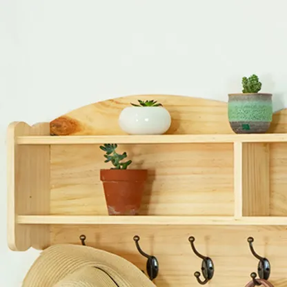 Practical Wooden Wall-Mounted Coat Rack with Hooks & Shelves Image - 7
