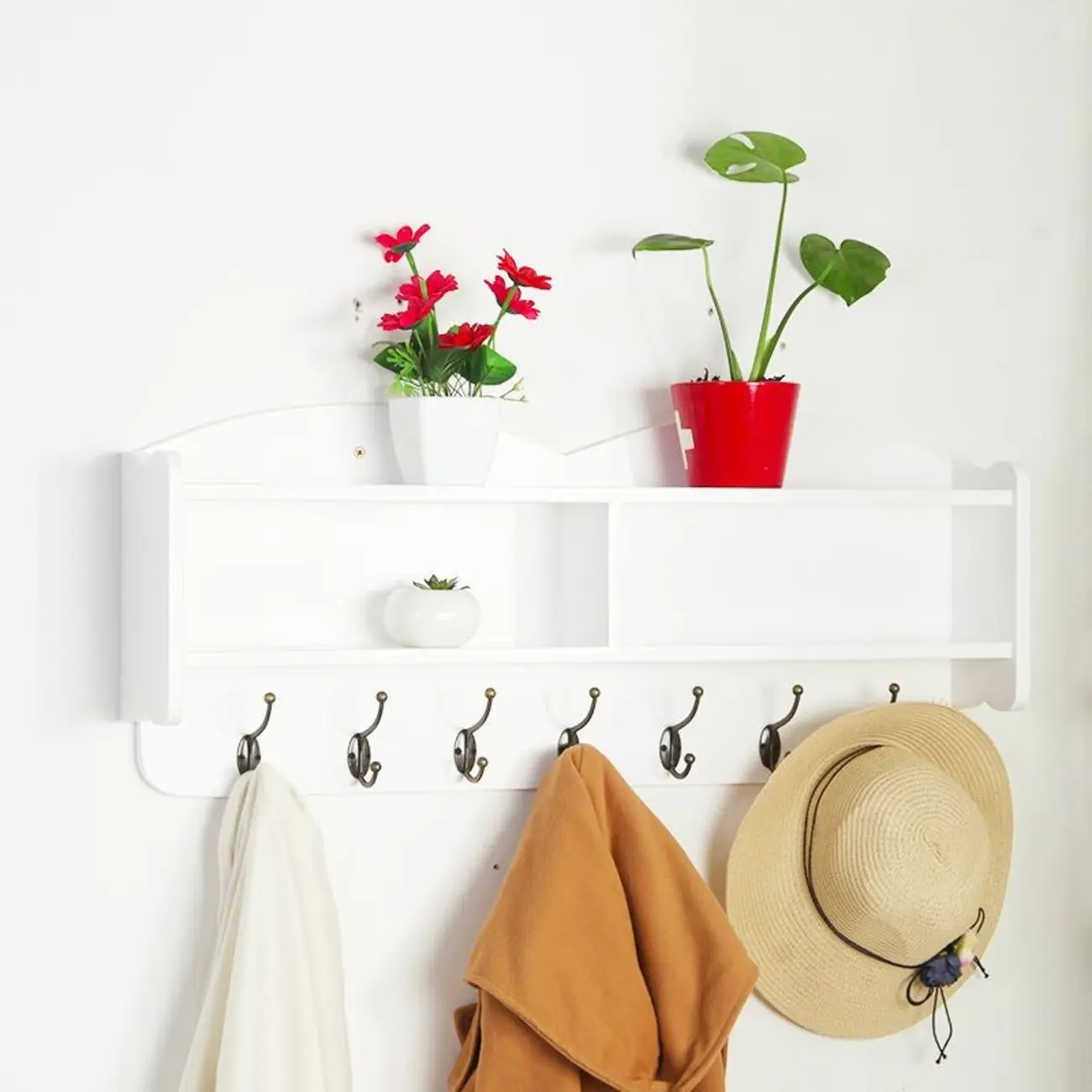 Practical Wooden Wall-Mounted Coat Rack with Hooks & Shelves Image - 8 | homeyfad