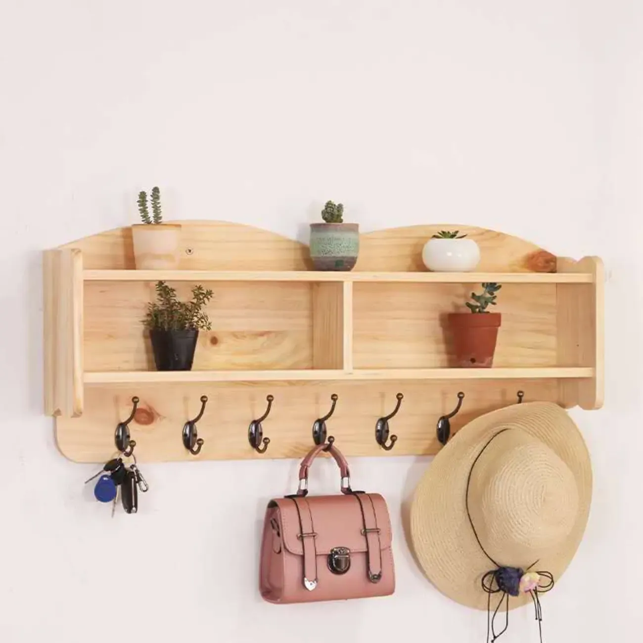Practical Wooden Wall-Mounted Coat Rack with Hooks & Shelves Image - 9