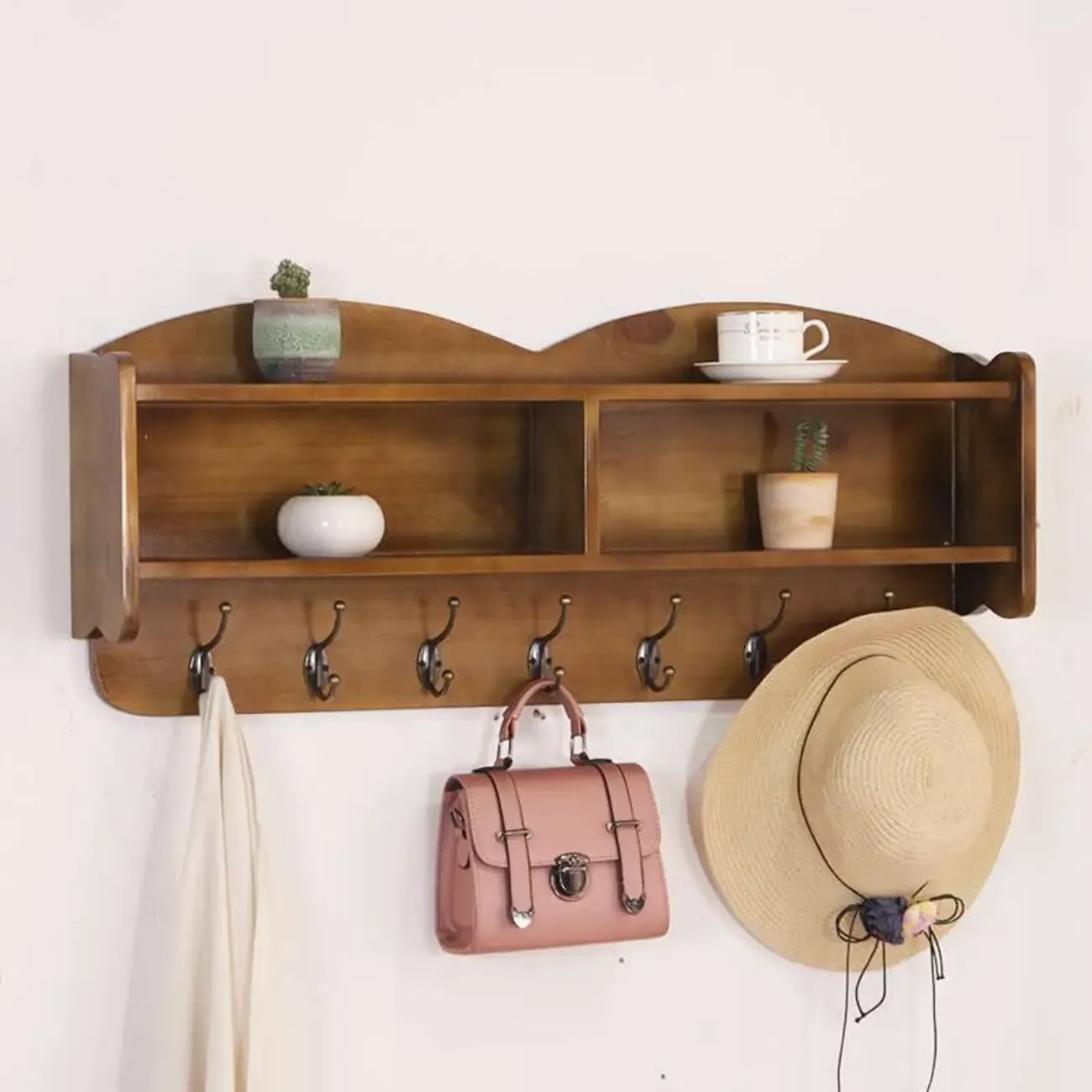 Practical Wooden Wall-Mounted Coat Rack with Hooks & Shelves Image - 11