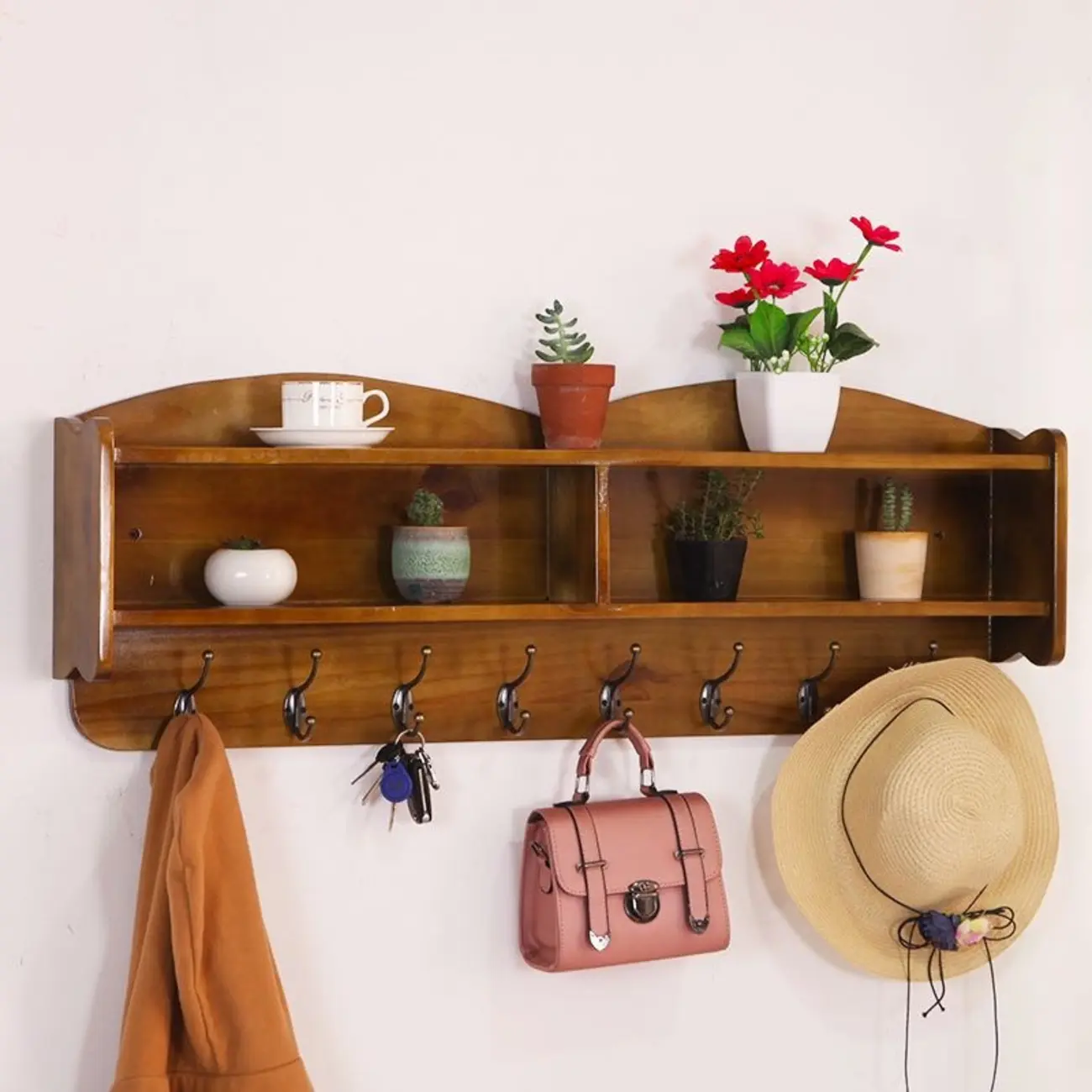Practical Wooden Wall-Mounted Coat Rack with Hooks & Shelves Image - 12 | homeyfad