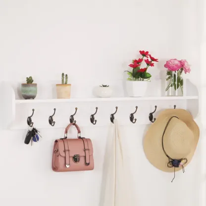 Practical Wooden Wall-Mounted Coat Rack with Hooks & Shelves Image - 13