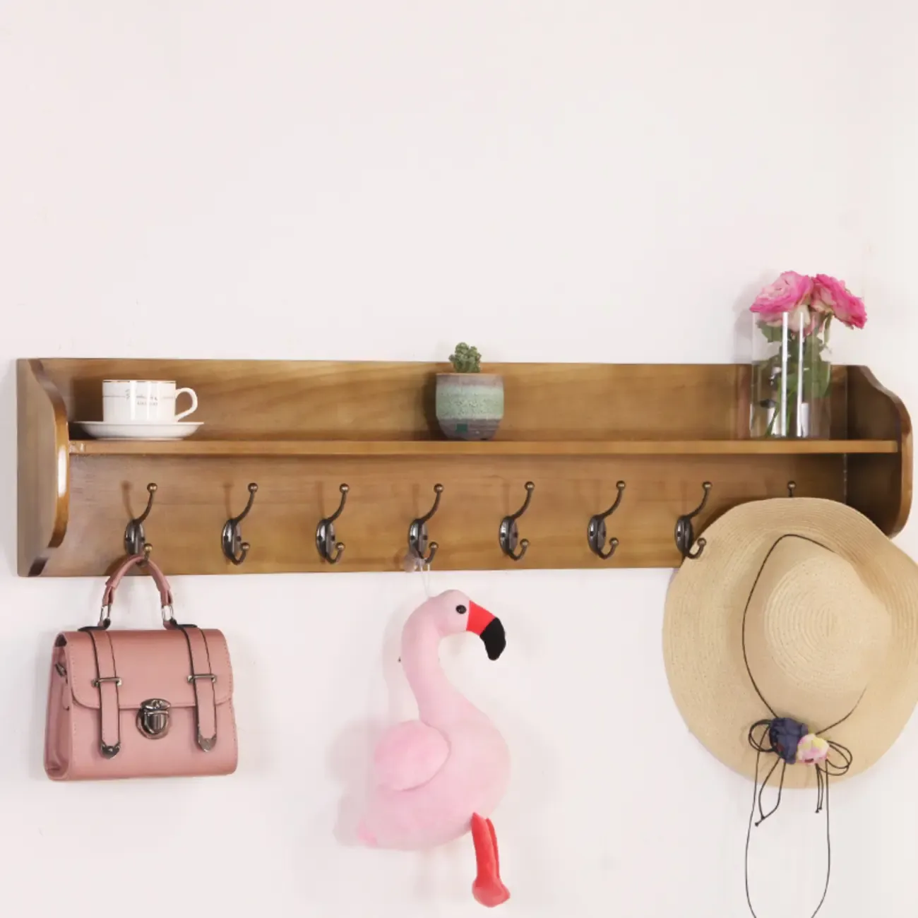 Practical Wooden Wall-Mounted Coat Rack with Hooks & Shelves Image - 14