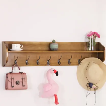 Practical Wooden Wall-Mounted Coat Rack with Hooks & Shelves Image - 14