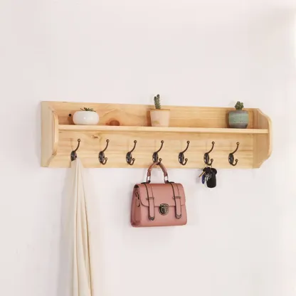 Practical Wooden Wall-Mounted Coat Rack with Hooks & Shelves Image - 16