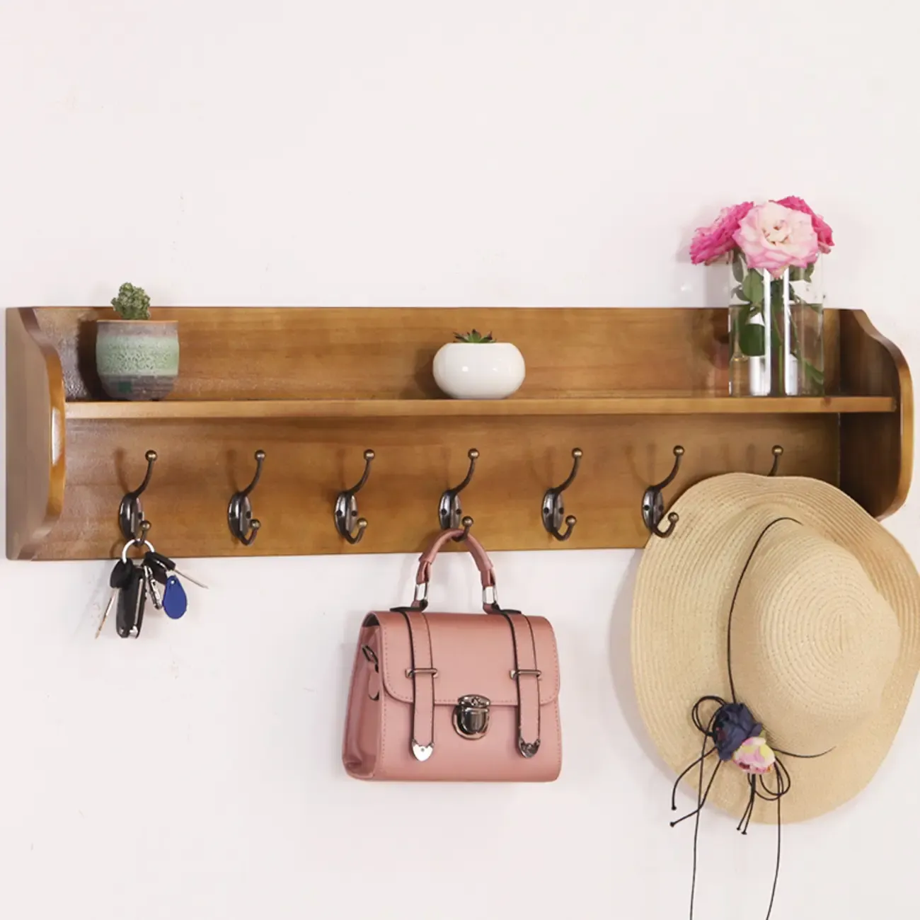 Practical Wooden Wall-Mounted Coat Rack with Hooks & Shelves Image - 17