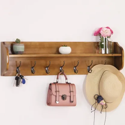 Practical Wooden Wall-Mounted Coat Rack with Hooks & Shelves Image - 17