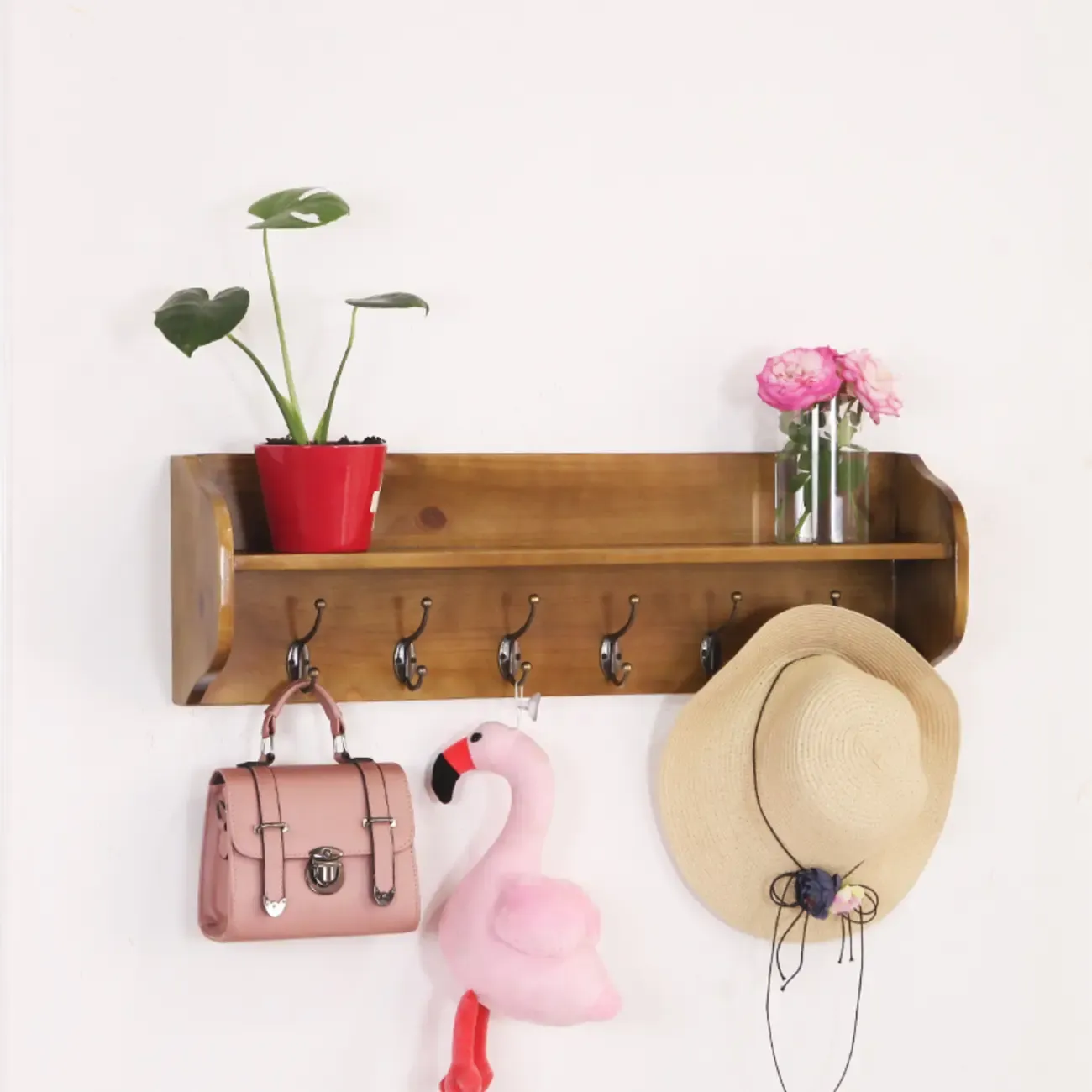 Practical Wooden Wall-Mounted Coat Rack with Hooks & Shelves Image - 19