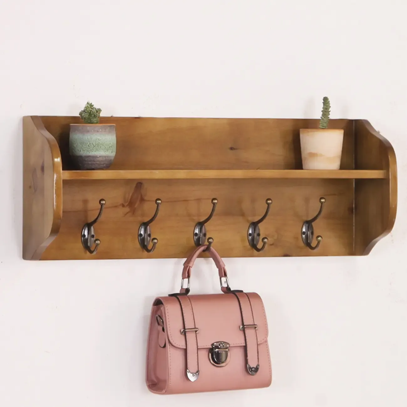 Practical Wooden Wall-Mounted Coat Rack with Hooks & Shelves Image - 21