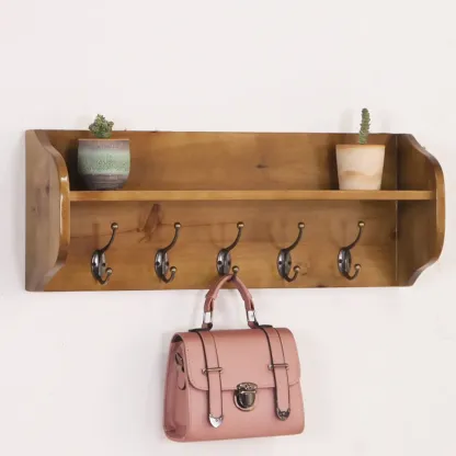 Practical Wooden Wall-Mounted Coat Rack with Hooks & Shelves Image - 21