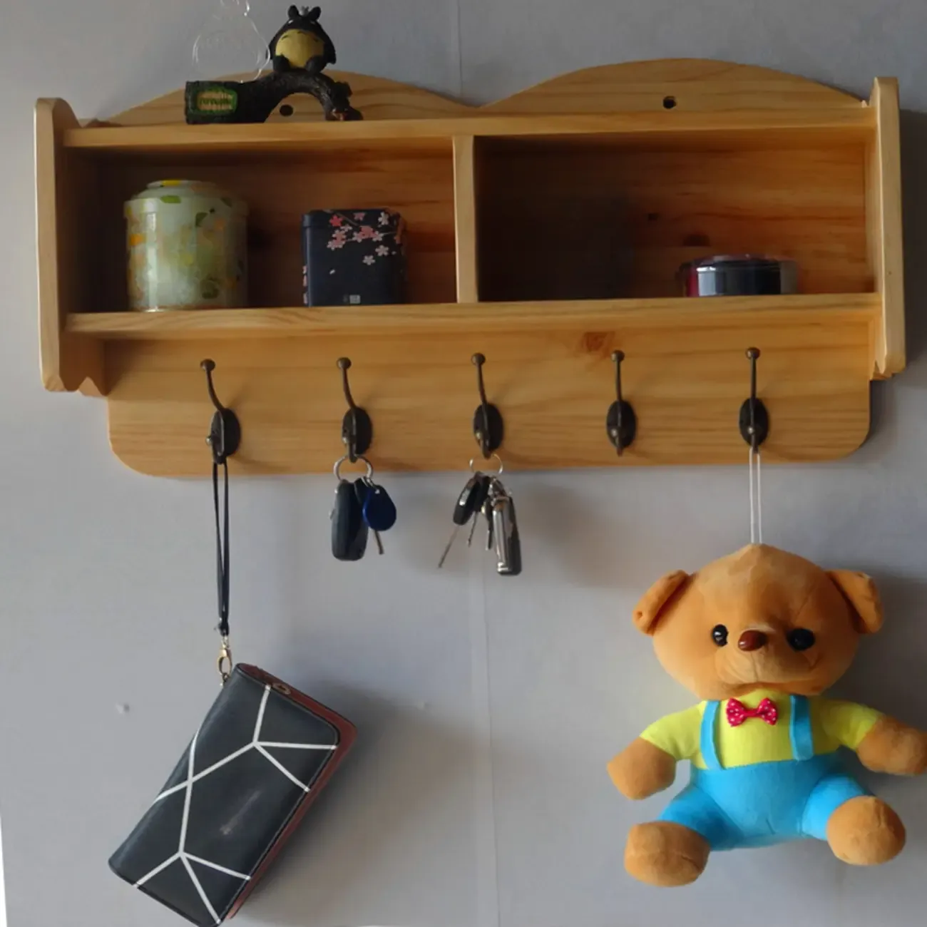 Practical Wooden Wall-Mounted Coat Rack with Hooks & Shelves Image - 22