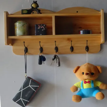 Practical Wooden Wall-Mounted Coat Rack with Hooks & Shelves Image - 22