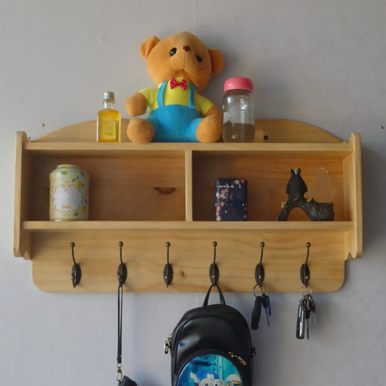 Practical Wooden Wall-Mounted Coat Rack with Hooks & Shelves Image - 23