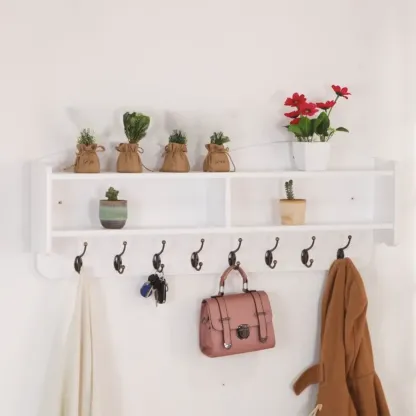 Practical Wooden Wall-Mounted Coat Rack with Hooks & Shelves Image - 24