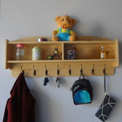 Practical Wooden Wall-Mounted Coat Rack with Hooks & Shelves Image - 25