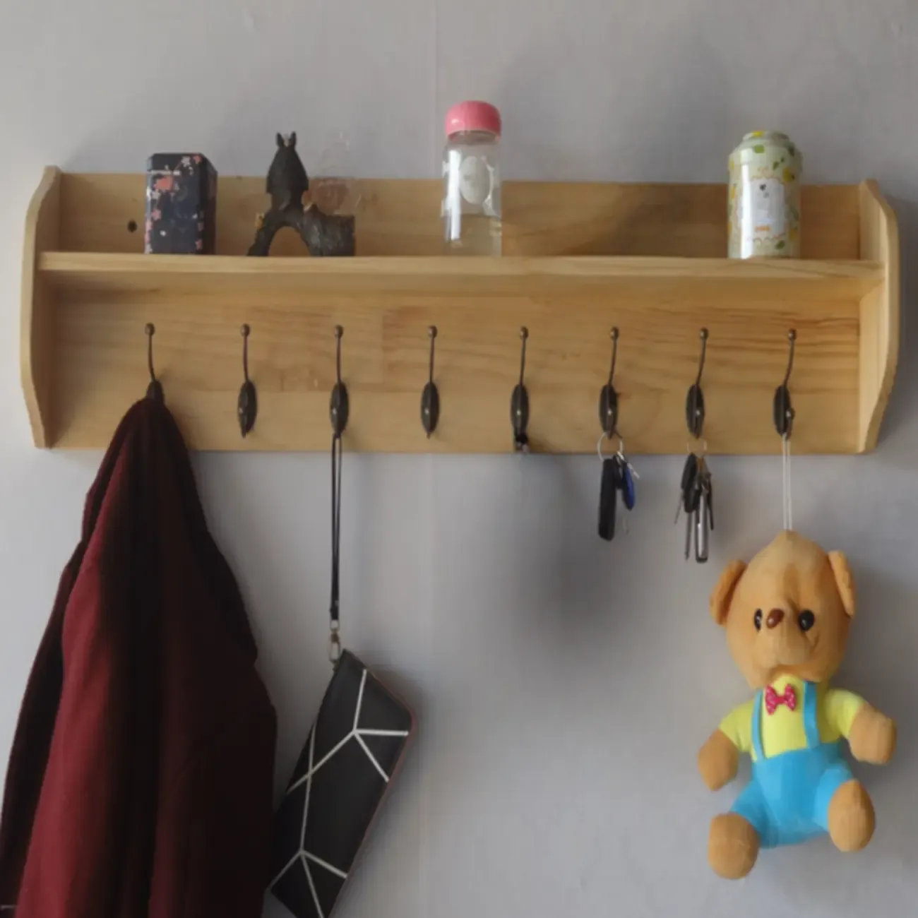 Practical Wooden Wall-Mounted Coat Rack with Hooks & Shelves Image - 26