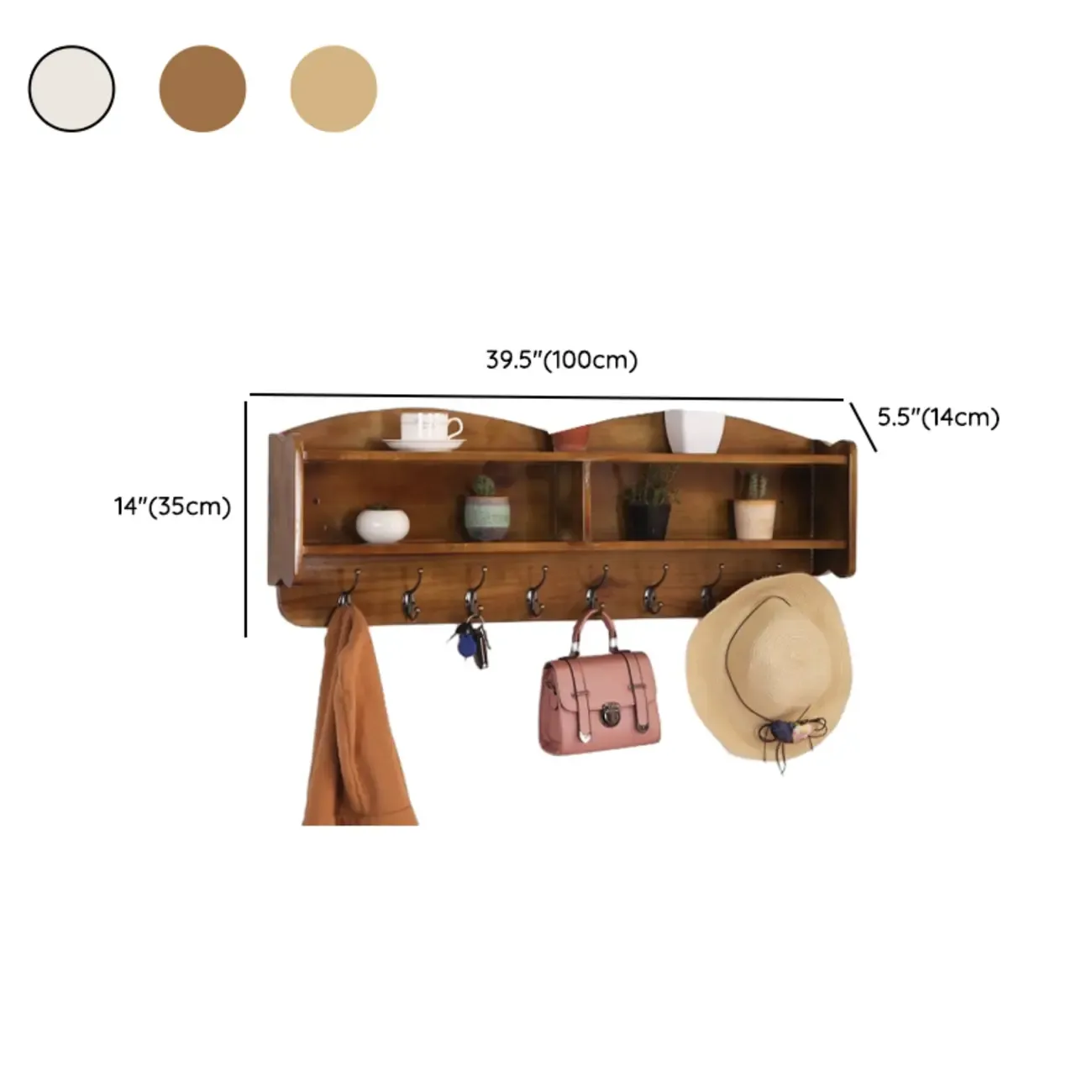 Practical Wooden Wall-Mounted Coat Rack with Hooks & Shelves Image - 35