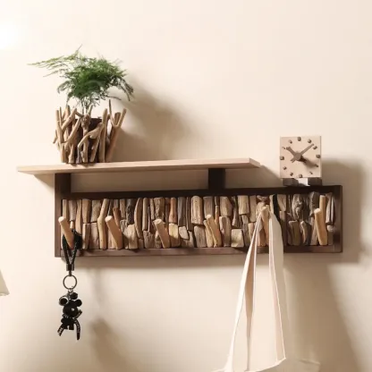 Rustic Wooden Wall-Mounted Coat Rack with Shelf Image - 1