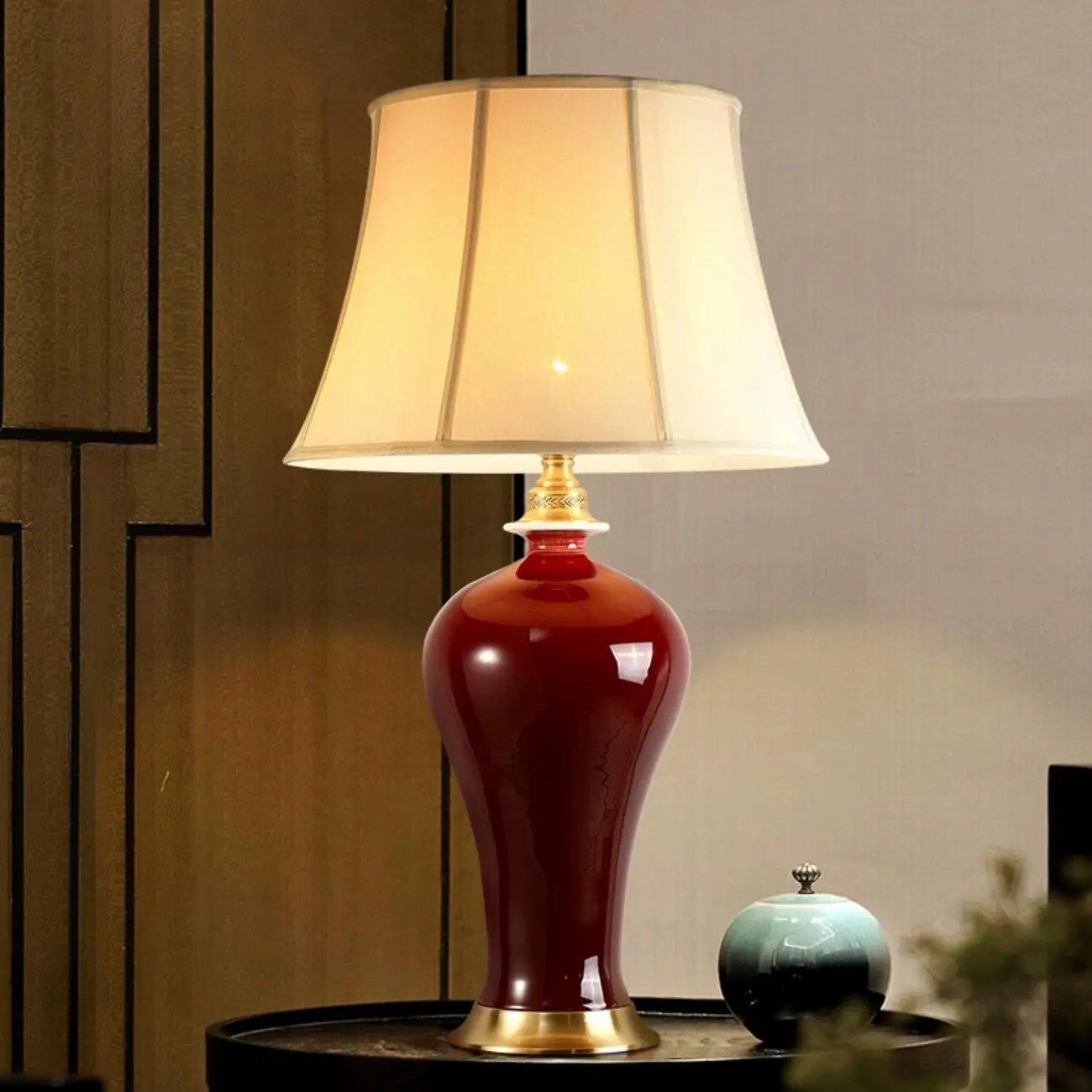 Red Geometric Ceramic Table Lamp With Button Switch And Fabric Shade Image - 1 | homeyfad