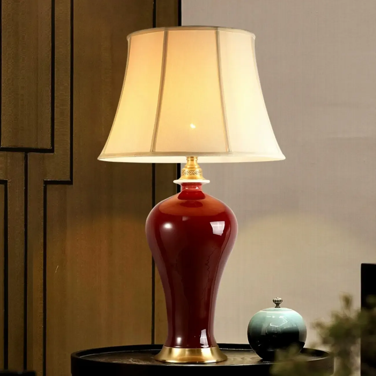 Red Geometric Ceramic Table Lamp With Button Switch And Fabric Shade Image - 1