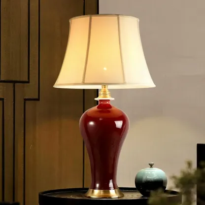 Red Geometric Ceramic Table Lamp With Button Switch And Fabric Shade Image - 1