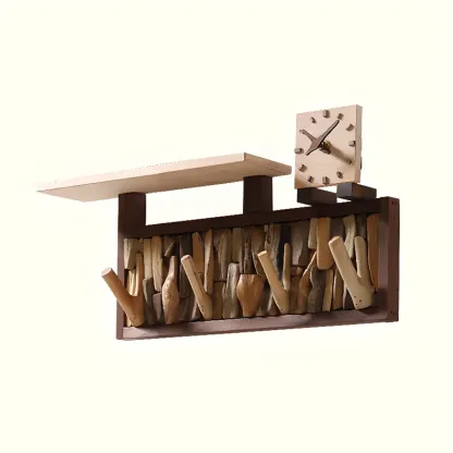 Rustic Wooden Wall-Mounted Coat Rack with Shelf Image - 2