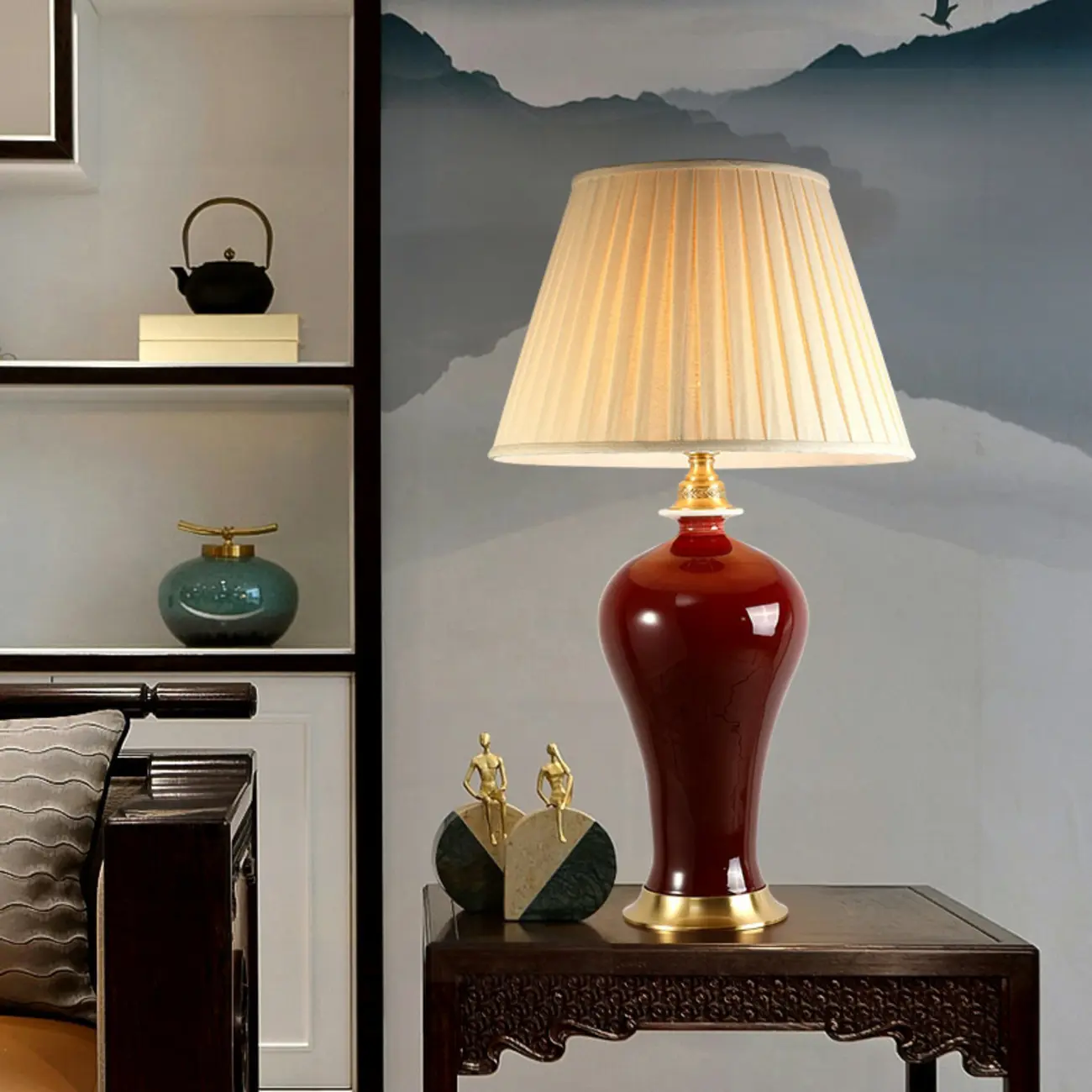 Red Geometric Ceramic Table Lamp With Button Switch And Fabric Shade Image - 2 | homeyfad