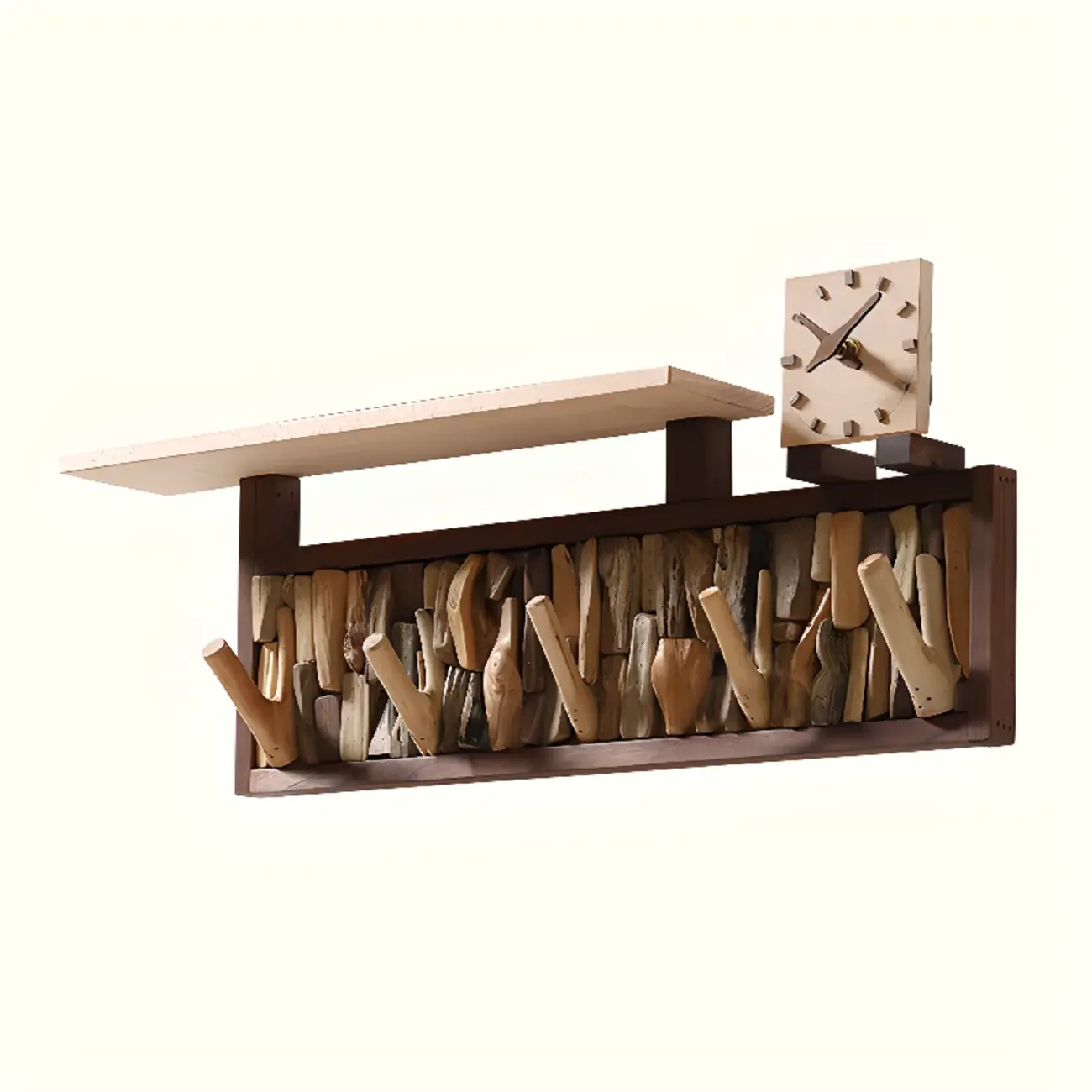 Rustic Wooden Wall-Mounted Coat Rack with Shelf Image - 3