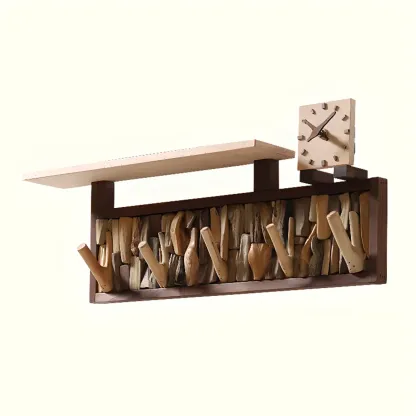 Rustic Wooden Wall-Mounted Coat Rack with Shelf Image - 3