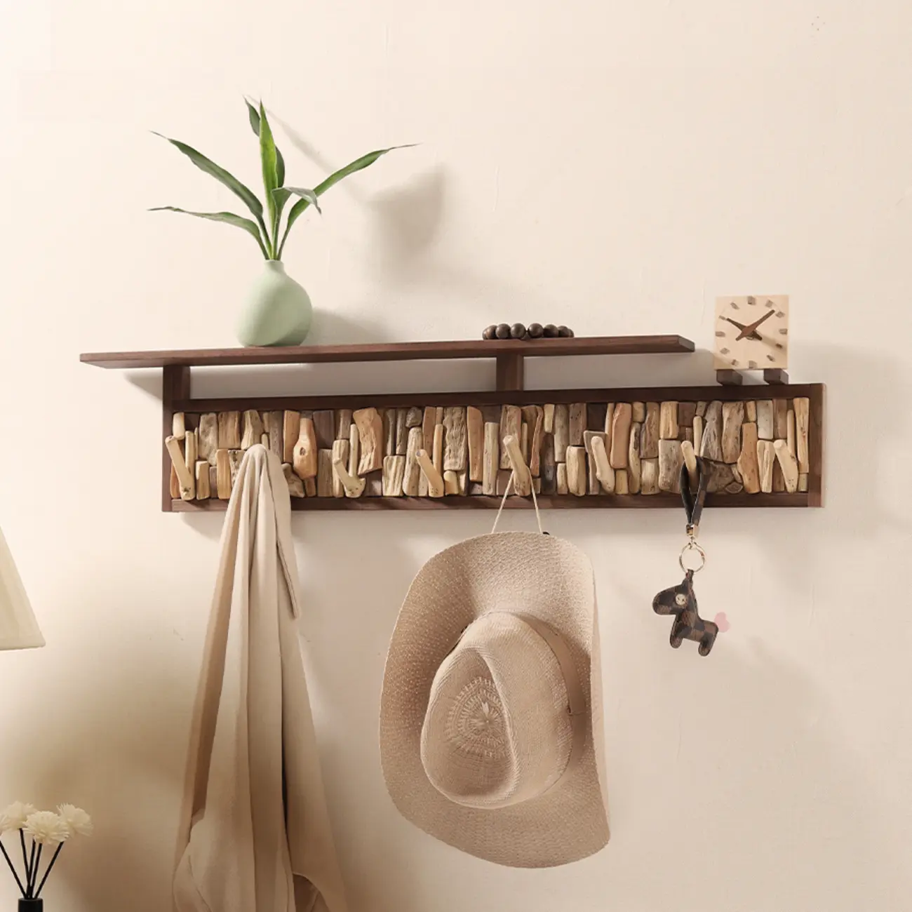 Rustic Wooden Wall-Mounted Coat Rack with Shelf Image - 4 | homeyfad
