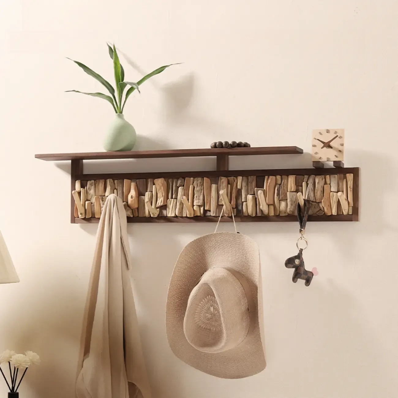 Rustic Wooden Wall-Mounted Coat Rack with Shelf Image - 4
