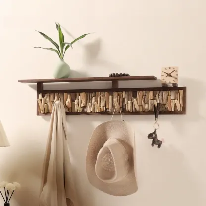 Rustic Wooden Wall-Mounted Coat Rack with Shelf Image - 4